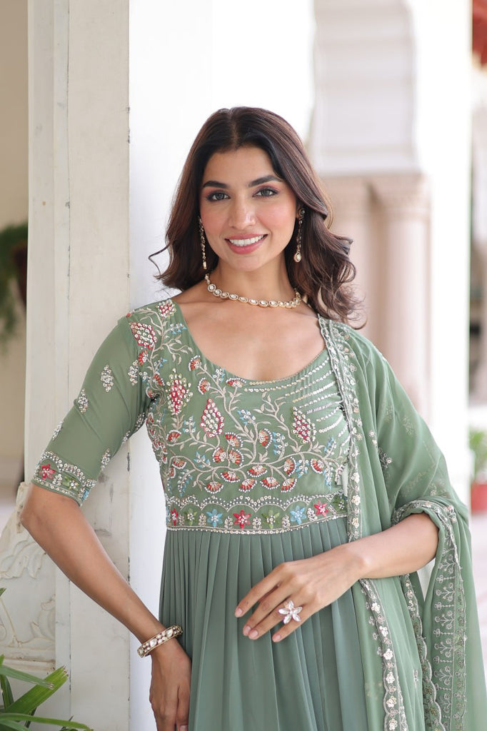 Fair Green Luxury Faux Blooming Sequins Multithread Beads Embroidered Gown with Designer Dupatta – Full Inner ClothsVilla