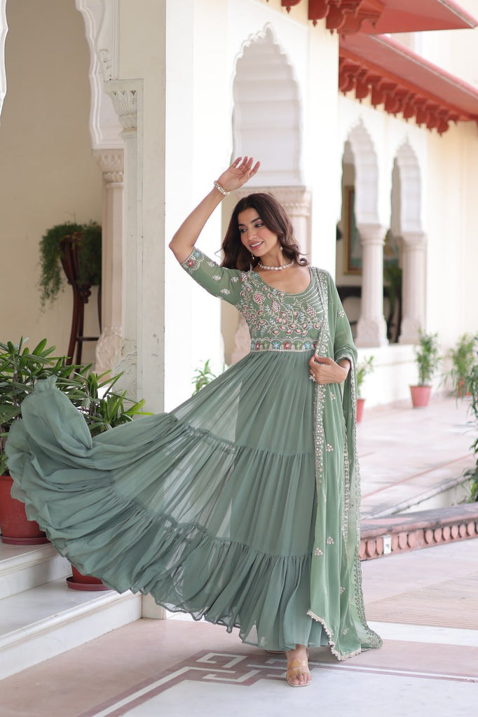 Fair Green Luxury Faux Blooming Sequins Multithread Beads Embroidered Gown with Designer Dupatta – Full Inner ClothsVilla