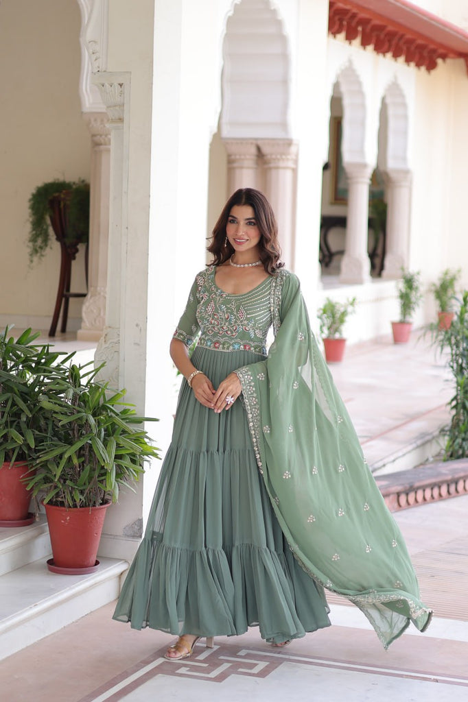 Fair Green Luxury Faux Blooming Sequins Multithread Beads Embroidered Gown with Designer Dupatta – Full Inner ClothsVilla