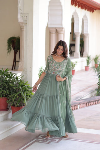 Fair Green Luxury Faux Blooming Sequins Multithread Beads Embroidered Gown with Designer Dupatta – Full Inner ClothsVilla