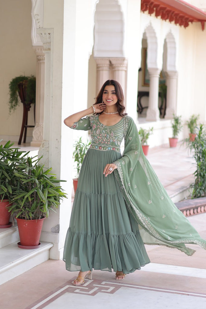 Fair Green Luxury Faux Blooming Sequins Multithread Beads Embroidered Gown with Designer Dupatta – Full Inner ClothsVilla