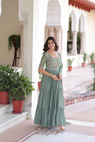 Fair Green Luxury Faux Blooming Sequins Multithread Beads Embroidered Gown with Designer Dupatta – Full Inner ClothsVilla