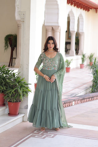 Fair Green Luxury Faux Blooming Sequins Multithread Beads Embroidered Gown with Designer Dupatta – Full Inner ClothsVilla