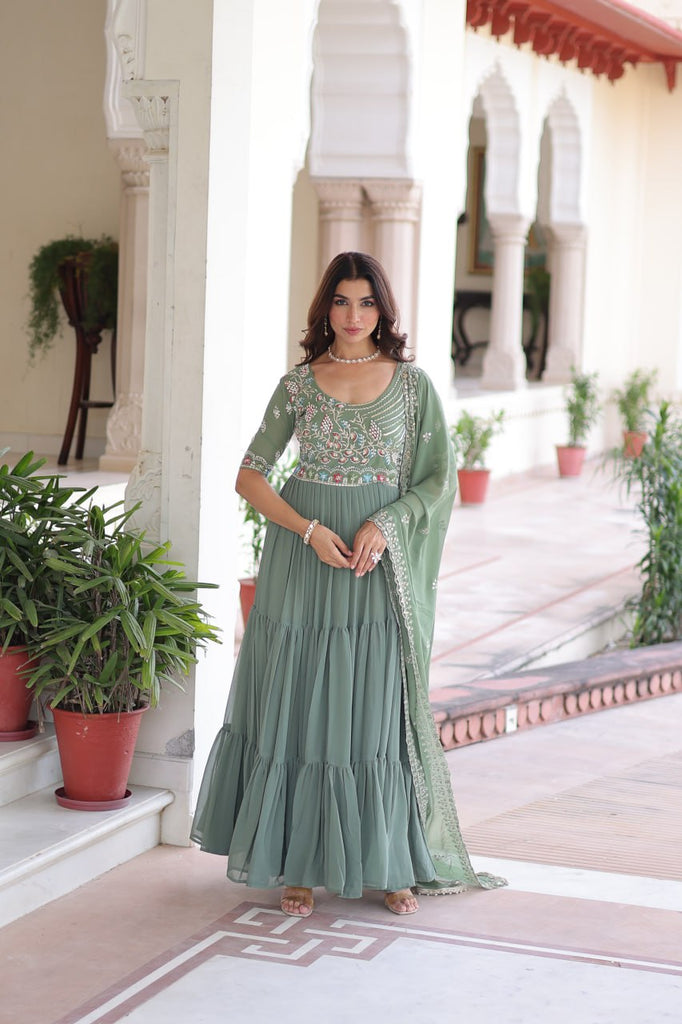 Fair Green Luxury Faux Blooming Sequins Multithread Beads Embroidered Gown with Designer Dupatta – Full Inner ClothsVilla