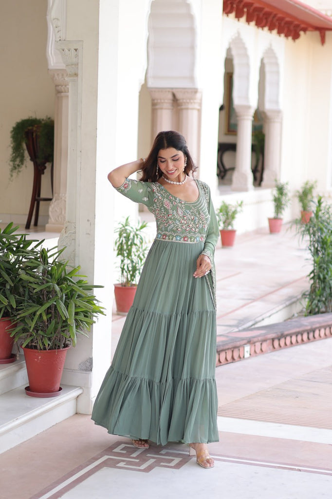 Fair Green Luxury Faux Blooming Sequins Multithread Beads Embroidered Gown with Designer Dupatta – Full Inner ClothsVilla