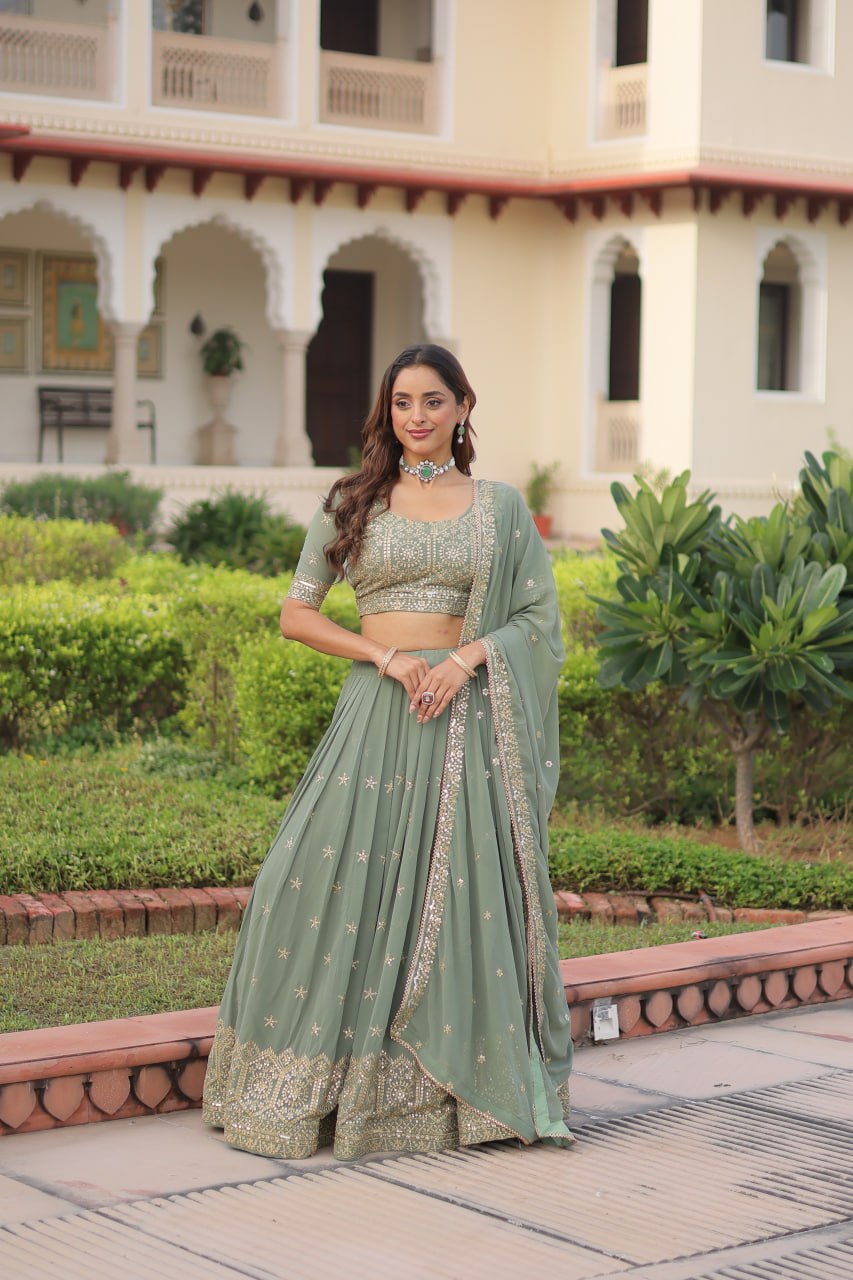 Fair Green Premium Faux Georgette Fully Stitched Lehenga with Sequins & Zari Multi Embroidery, Unstitched Blouse, and Matching Embroidered Dupatta ClothsVilla