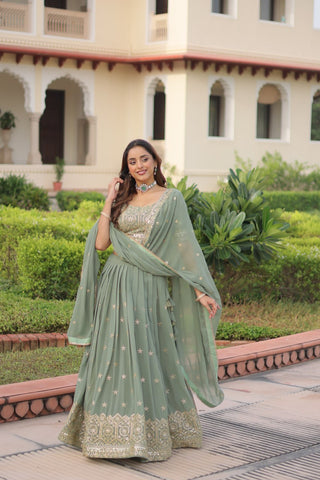 Fair Green Premium Faux Georgette Fully Stitched Lehenga with Sequins & Zari Multi Embroidery, Unstitched Blouse, and Matching Embroidered Dupatta ClothsVilla