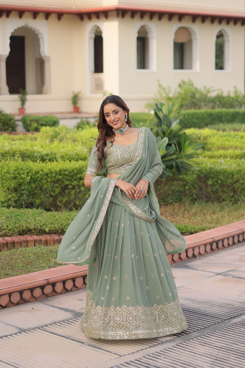 Fair Green Premium Faux Georgette Fully Stitched Lehenga with Sequins & Zari Multi Embroidery, Unstitched Blouse, and Matching Embroidered Dupatta ClothsVilla