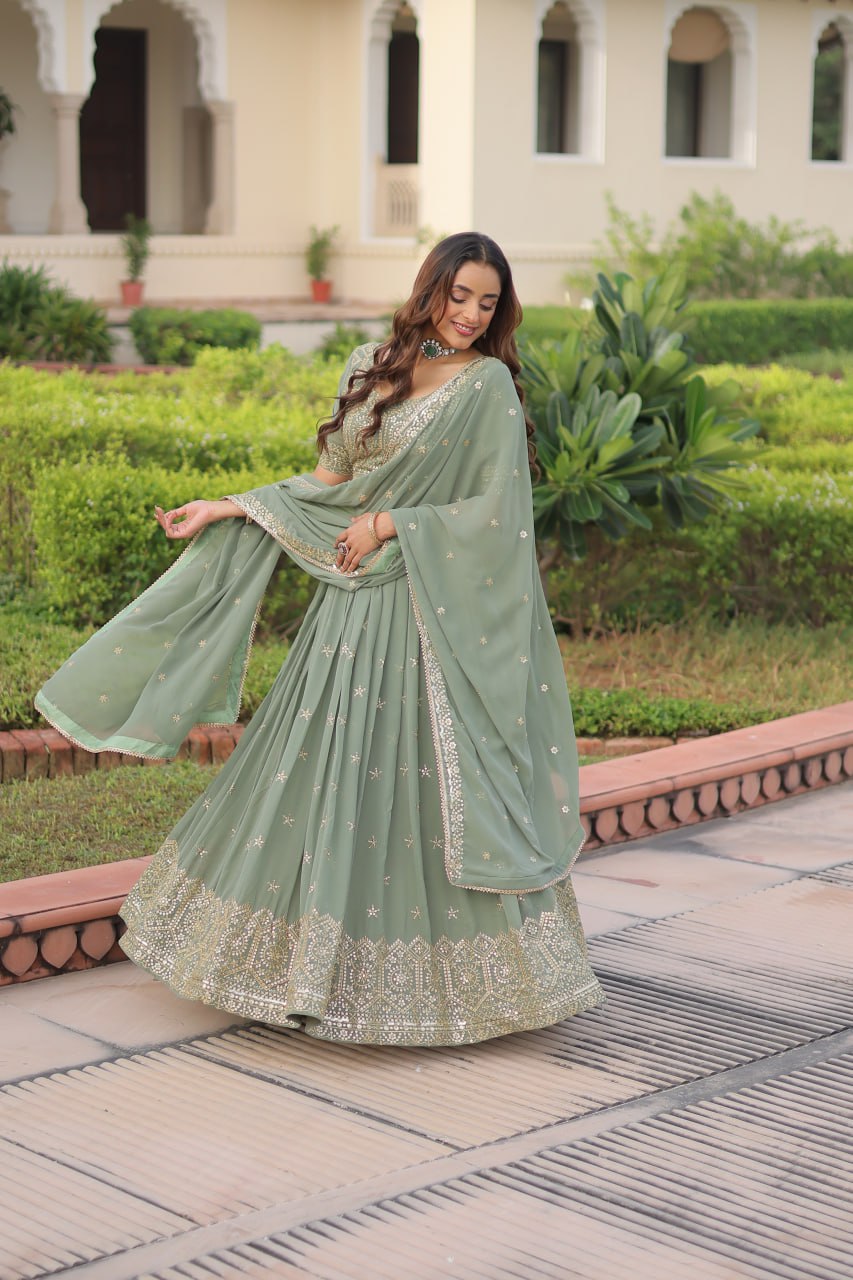 Fair Green Premium Faux Georgette Fully Stitched Lehenga with Sequins & Zari Multi Embroidery, Unstitched Blouse, and Matching Embroidered Dupatta ClothsVilla