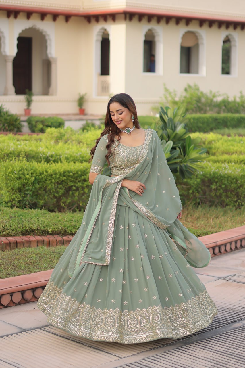 Fair Green Premium Faux Georgette Fully Stitched Lehenga with Sequins & Zari Multi Embroidery, Unstitched Blouse, and Matching Embroidered Dupatta ClothsVilla