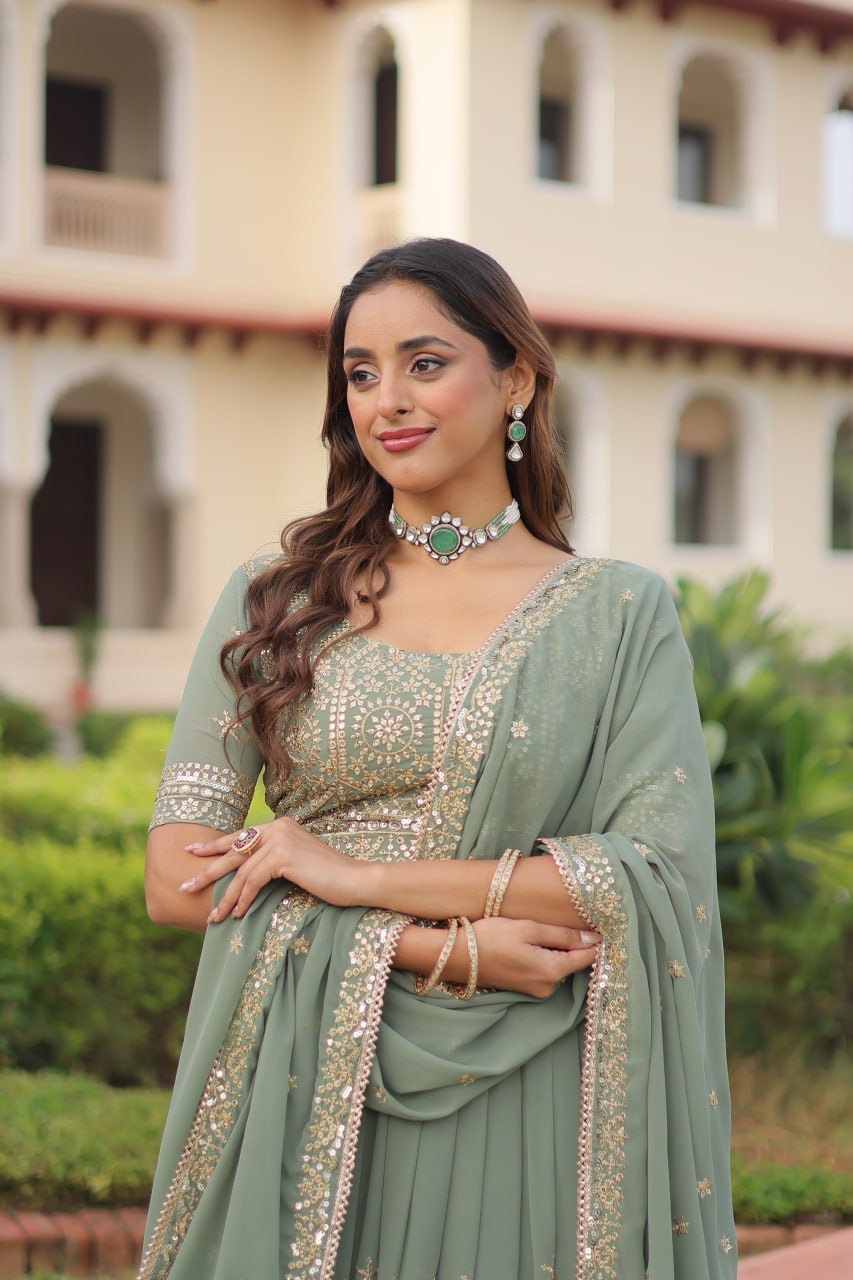 Fair Green Premium Faux Georgette Fully Stitched Lehenga with Sequins & Zari Multi Embroidery, Unstitched Blouse, and Matching Embroidered Dupatta ClothsVilla