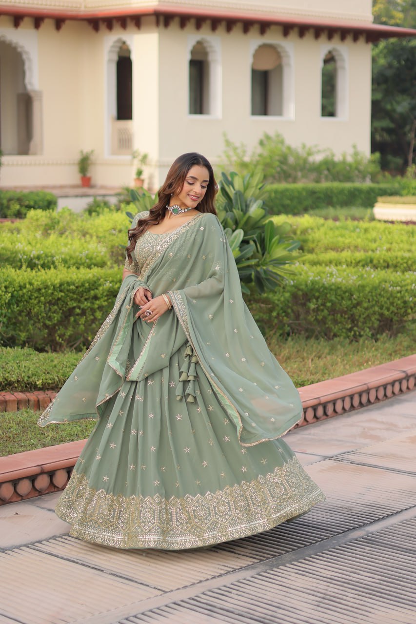 Fair Green Premium Faux Georgette Fully Stitched Lehenga with Sequins & Zari Multi Embroidery, Unstitched Blouse, and Matching Embroidered Dupatta ClothsVilla