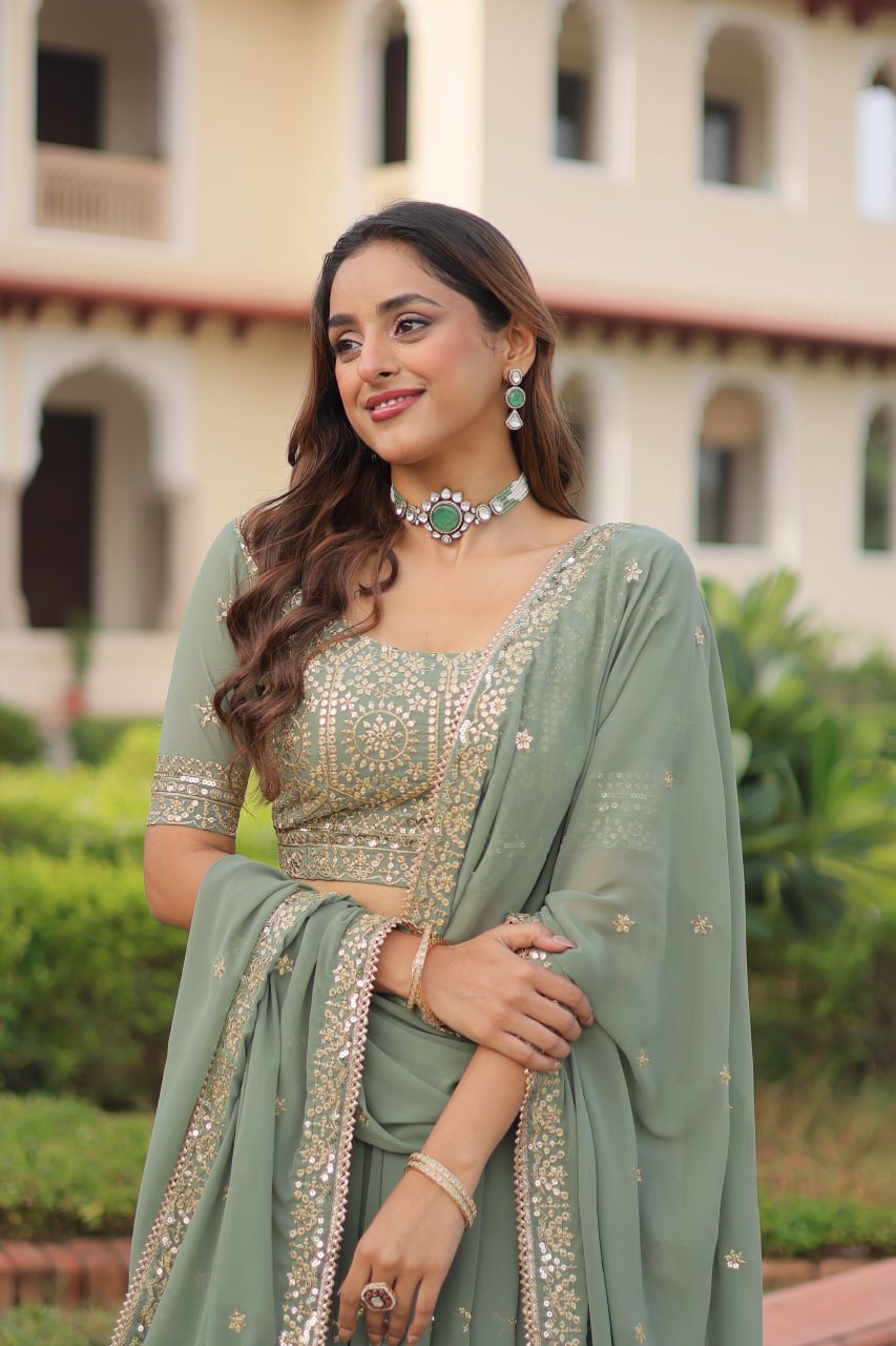 Fair Green Premium Faux Georgette Fully Stitched Lehenga with Sequins & Zari Multi Embroidery, Unstitched Blouse, and Matching Embroidered Dupatta ClothsVilla