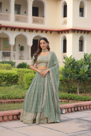 Fair Green Premium Faux Georgette Fully Stitched Lehenga with Sequins & Zari Multi Embroidery, Unstitched Blouse, and Matching Embroidered Dupatta ClothsVilla
