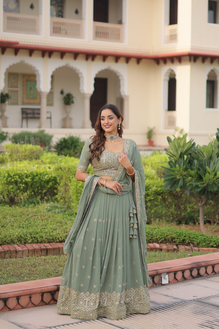 Fair Green Premium Faux Georgette Fully Stitched Lehenga with Sequins & Zari Multi Embroidery, Unstitched Blouse, and Matching Embroidered Dupatta ClothsVilla