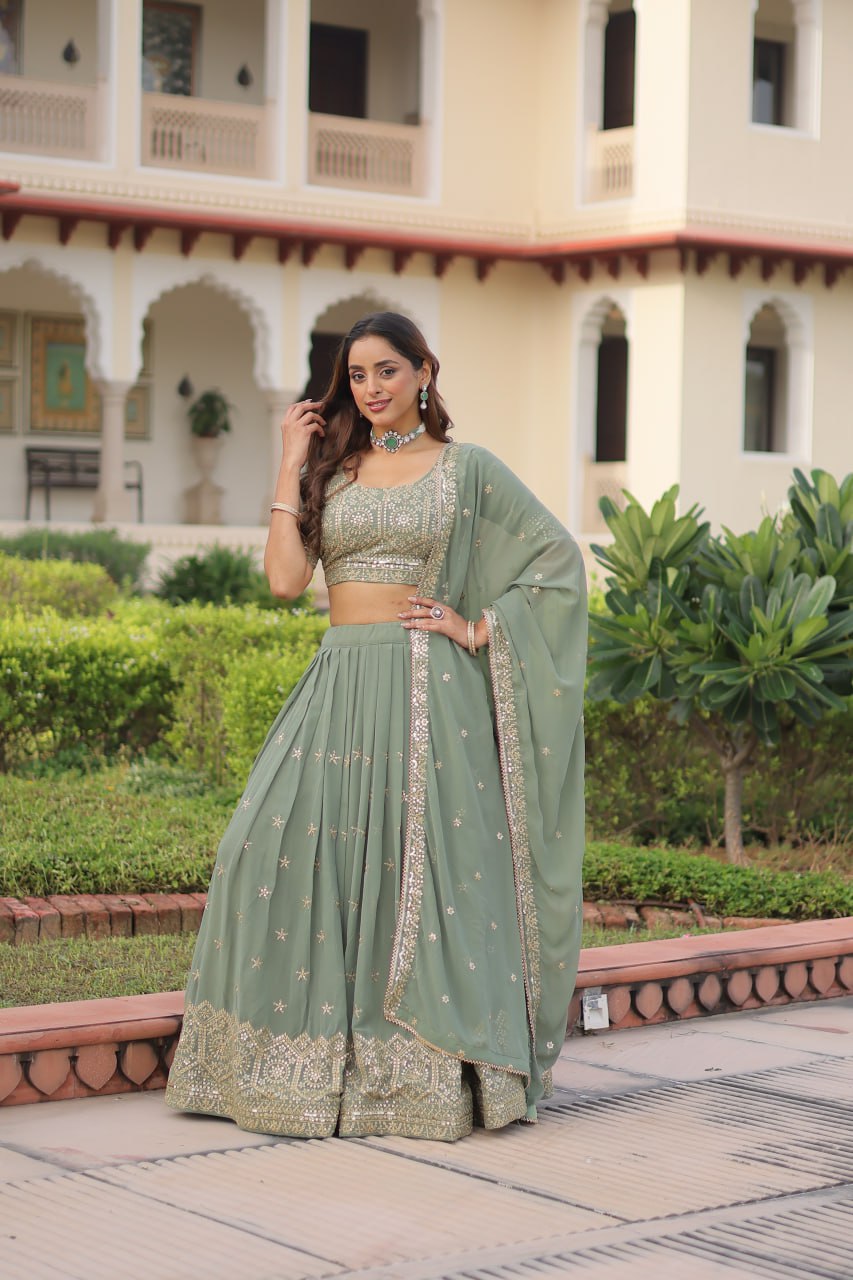 Fair Green Premium Faux Georgette Fully Stitched Lehenga with Sequins & Zari Multi Embroidery, Unstitched Blouse, and Matching Embroidered Dupatta ClothsVilla Main image