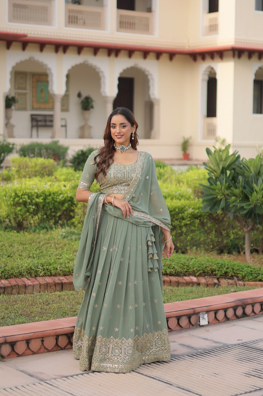 Fair Green Premium Faux Georgette Fully Stitched Lehenga with Sequins & Zari Multi Embroidery, Unstitched Blouse, and Matching Embroidered Dupatta ClothsVilla