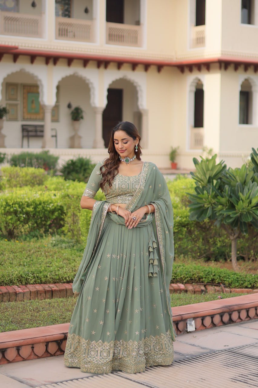 Fair Green Premium Faux Georgette Fully Stitched Lehenga with Sequins & Zari Multi Embroidery, Unstitched Blouse, and Matching Embroidered Dupatta ClothsVilla