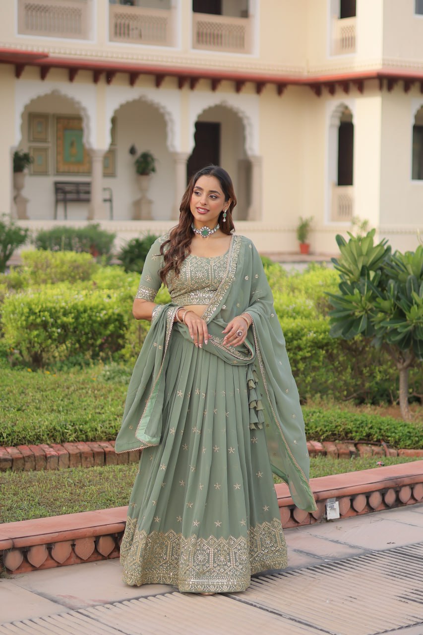 Fair Green Premium Faux Georgette Fully Stitched Lehenga with Sequins & Zari Multi Embroidery, Unstitched Blouse, and Matching Embroidered Dupatta ClothsVilla