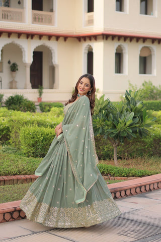 Fair Green Premium Faux Georgette Fully Stitched Lehenga with Sequins & Zari Multi Embroidery, Unstitched Blouse, and Matching Embroidered Dupatta ClothsVilla