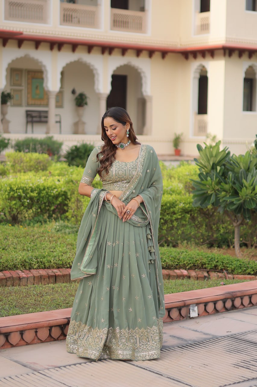 Fair Green Premium Faux Georgette Fully Stitched Lehenga with Sequins & Zari Multi Embroidery, Unstitched Blouse, and Matching Embroidered Dupatta ClothsVilla