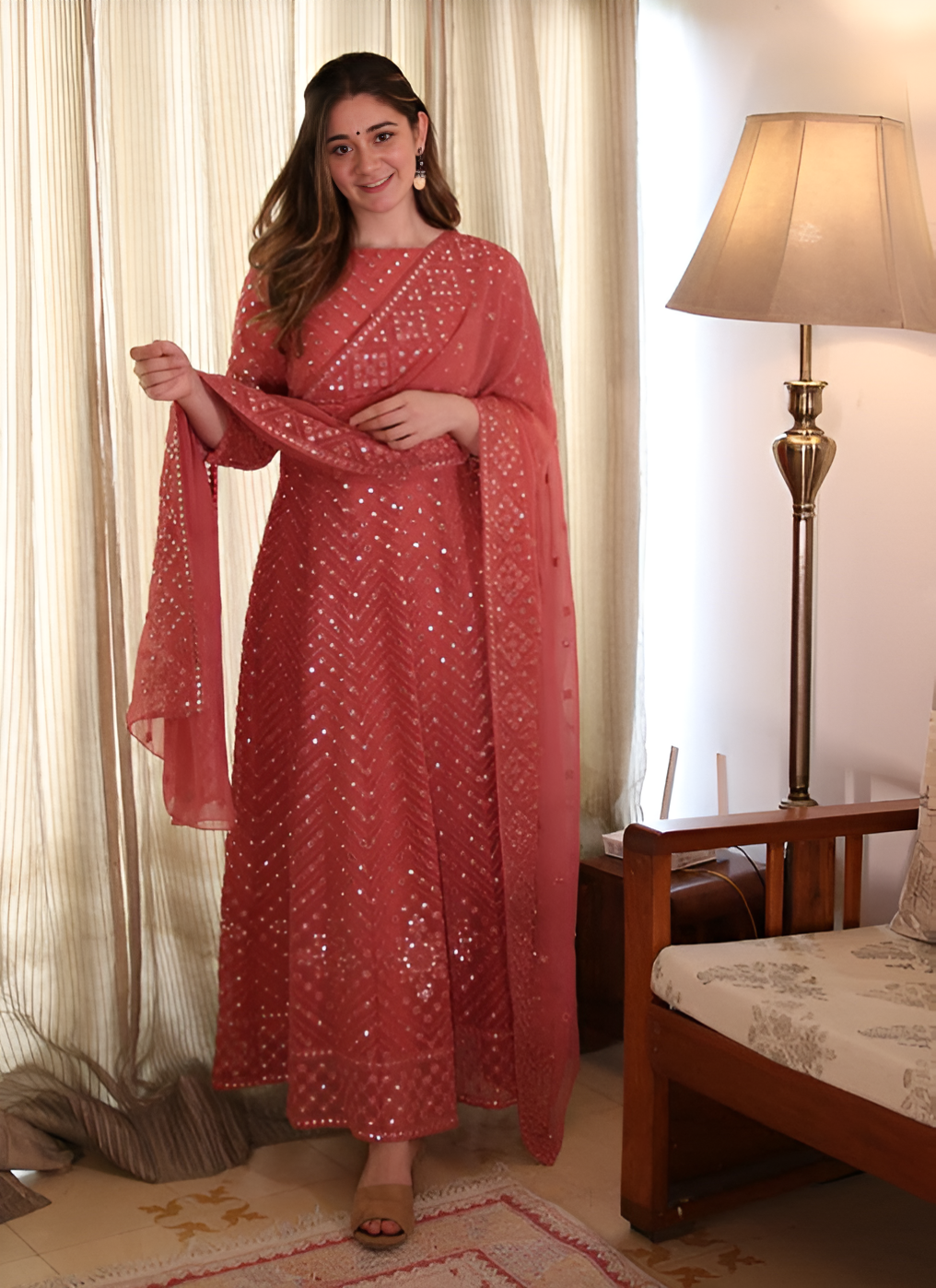 Fantastic Coral Pink Color Georgette Base Festive Wear Designer Anarkali Suit ClothsVilla Main image