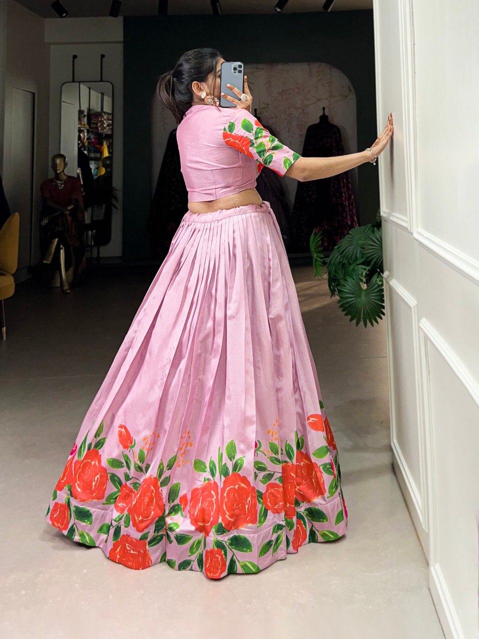 Fantasy Myeong Elegant Tussar Silk Floral Print Lehenga Set – Stitched with Adjustable Blouse ClothsVilla