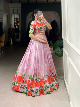 Fantasy Myeong Elegant Tussar Silk Floral Print Lehenga Set – Stitched with Adjustable Blouse ClothsVilla
