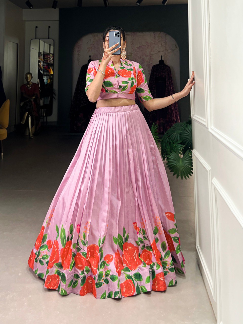 Fantasy Myeong Elegant Tussar Silk Floral Print Lehenga Set – Stitched with Adjustable Blouse ClothsVilla