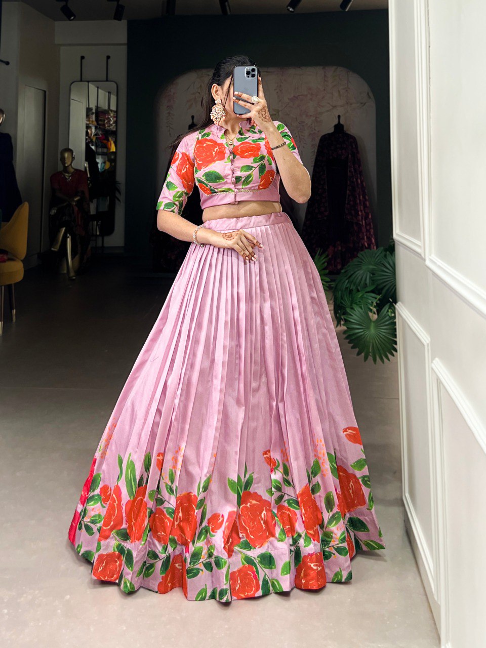 Fantasy Myeong Elegant Tussar Silk Floral Print Lehenga Set – Stitched with Adjustable Blouse ClothsVilla