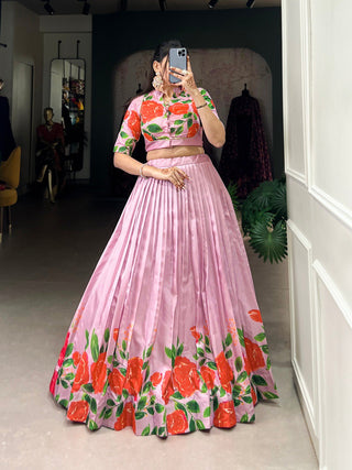 Fantasy Myeong Elegant Tussar Silk Floral Print Lehenga Set – Stitched with Adjustable Blouse ClothsVilla