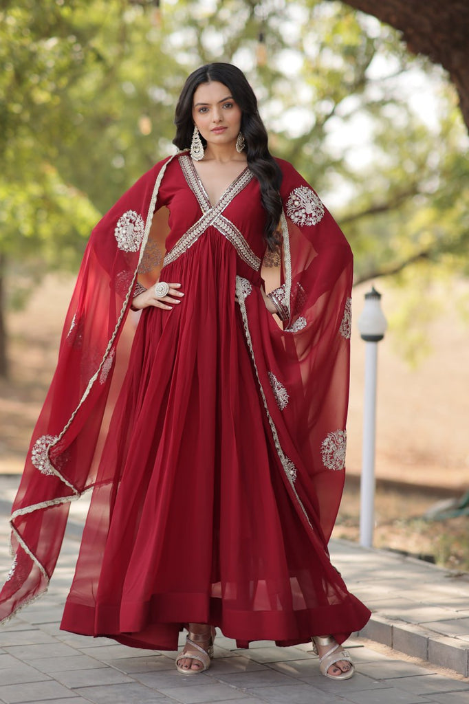 Faux Blooming Embroidered Maroon Gown with Sequins & Designer Dupatta ClothsVilla