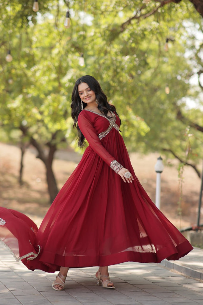 Faux Blooming Embroidered Maroon Gown with Sequins & Designer Dupatta ClothsVilla