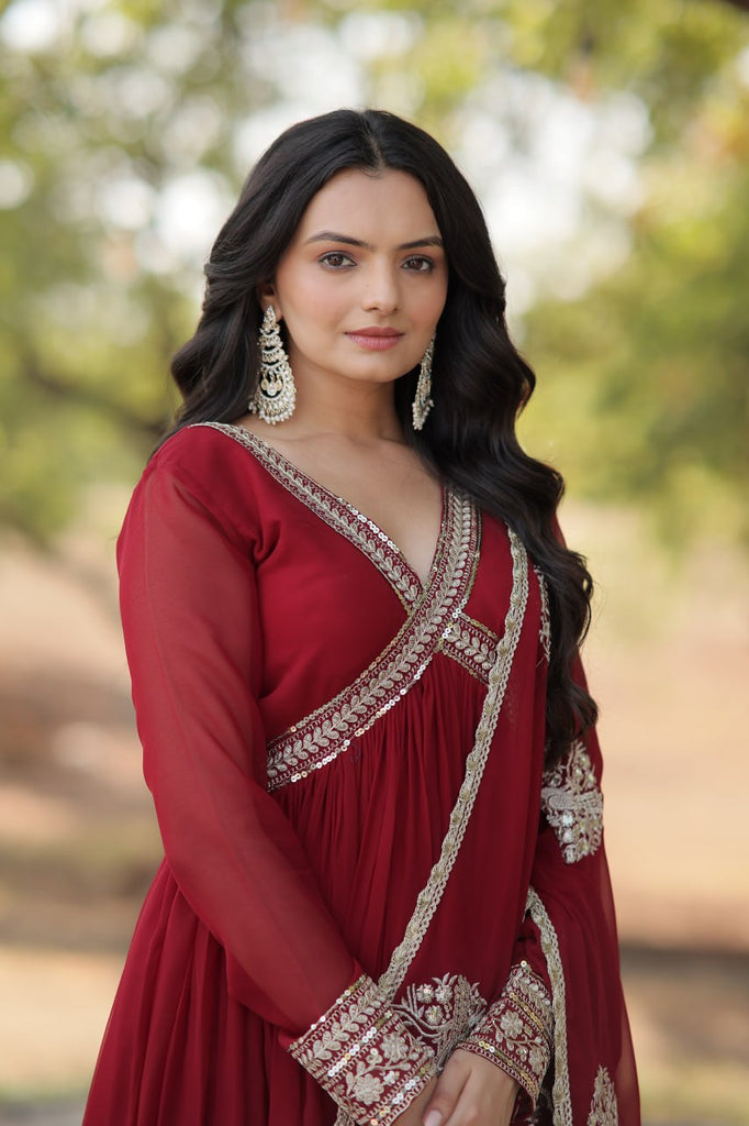 Faux Blooming Embroidered Maroon Gown with Sequins & Designer Dupatta ClothsVilla