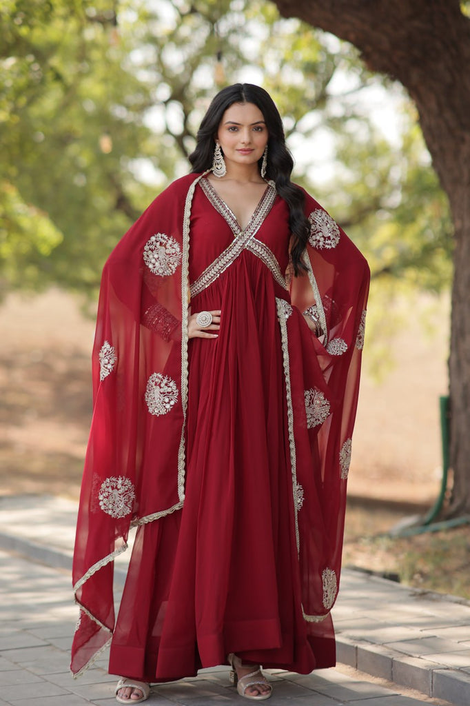 Faux Blooming Embroidered Maroon Gown with Sequins & Designer Dupatta ClothsVilla