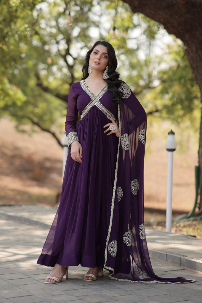 Faux Blooming Embroidered Purple Gown with Sequins & Designer Dupatta ClothsVilla