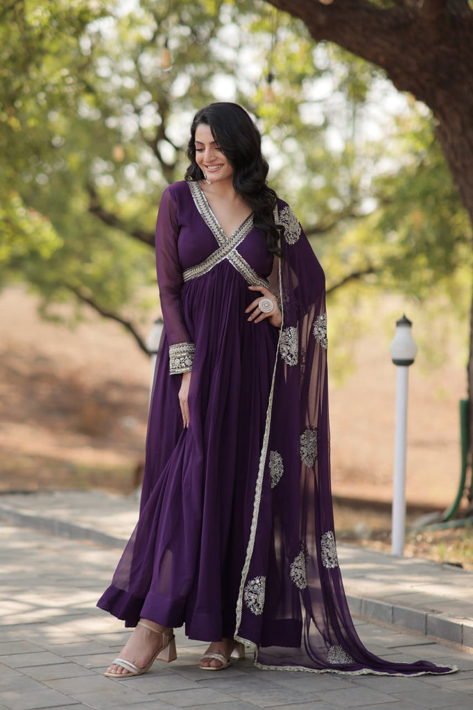 Faux Blooming Embroidered Purple Gown with Sequins & Designer Dupatta ClothsVilla