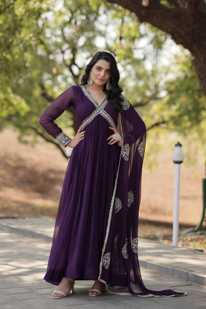 Faux Blooming Embroidered Purple Gown with Sequins & Designer Dupatta ClothsVilla