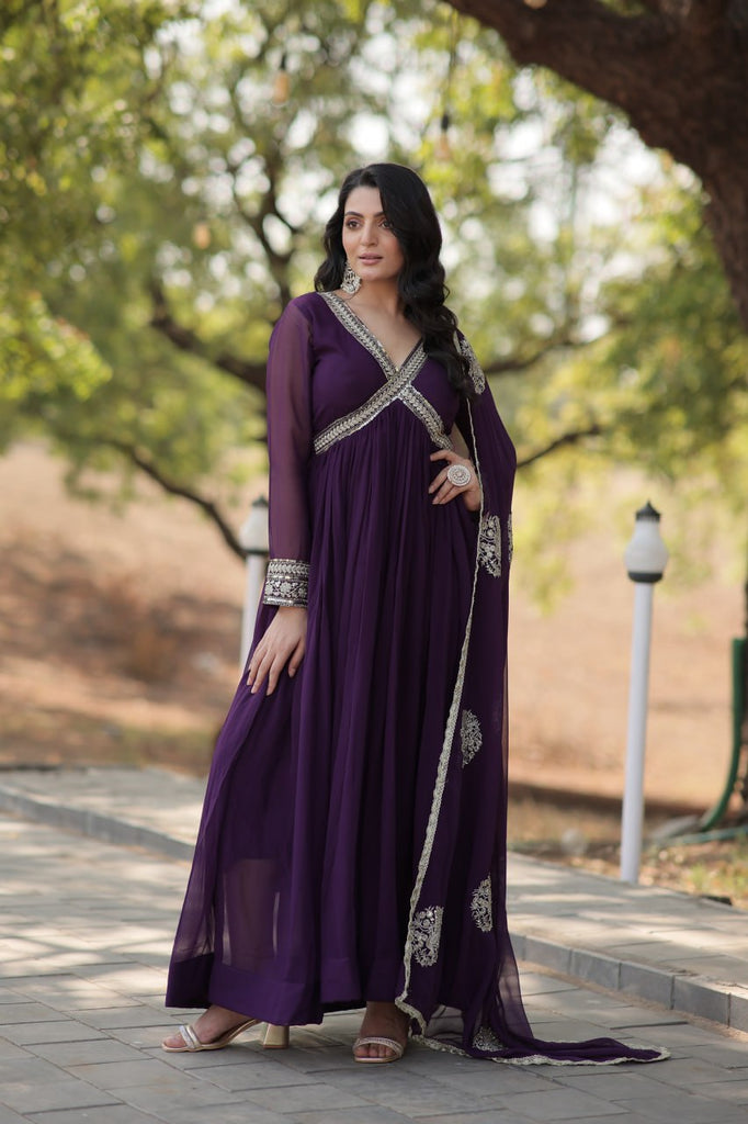 Faux Blooming Embroidered Purple Gown with Sequins & Designer Dupatta ClothsVilla