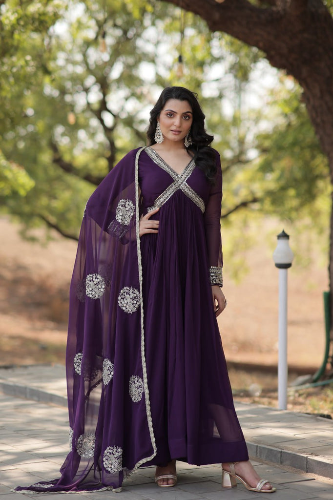 Faux Blooming Embroidered Purple Gown with Sequins & Designer Dupatta ClothsVilla