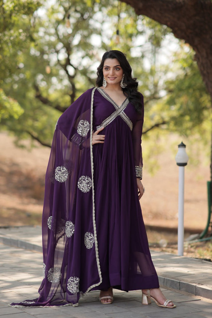 Faux Blooming Embroidered Purple Gown with Sequins & Designer Dupatta ClothsVilla