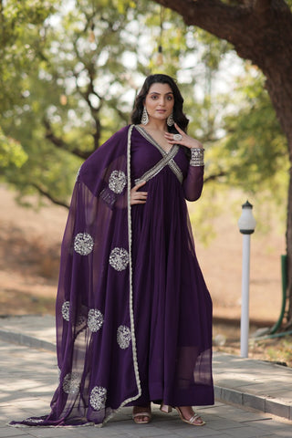 Faux Blooming Embroidered Purple Gown with Sequins & Designer Dupatta ClothsVilla