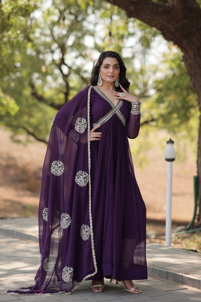 Faux Blooming Embroidered Purple Gown with Sequins & Designer Dupatta ClothsVilla