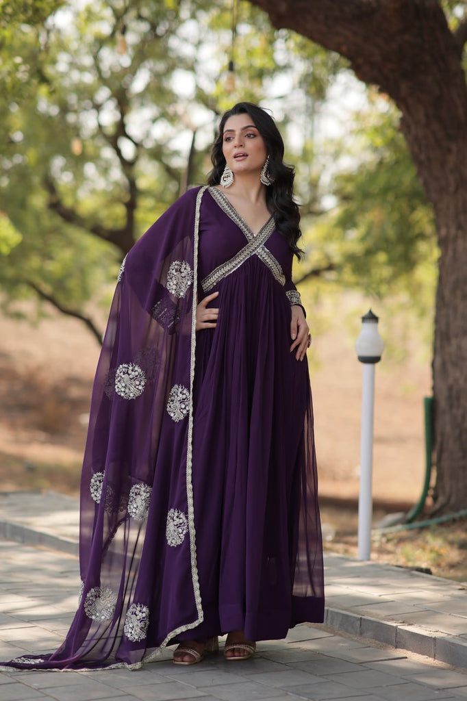 Faux Blooming Embroidered Purple Gown with Sequins & Designer Dupatta ClothsVilla