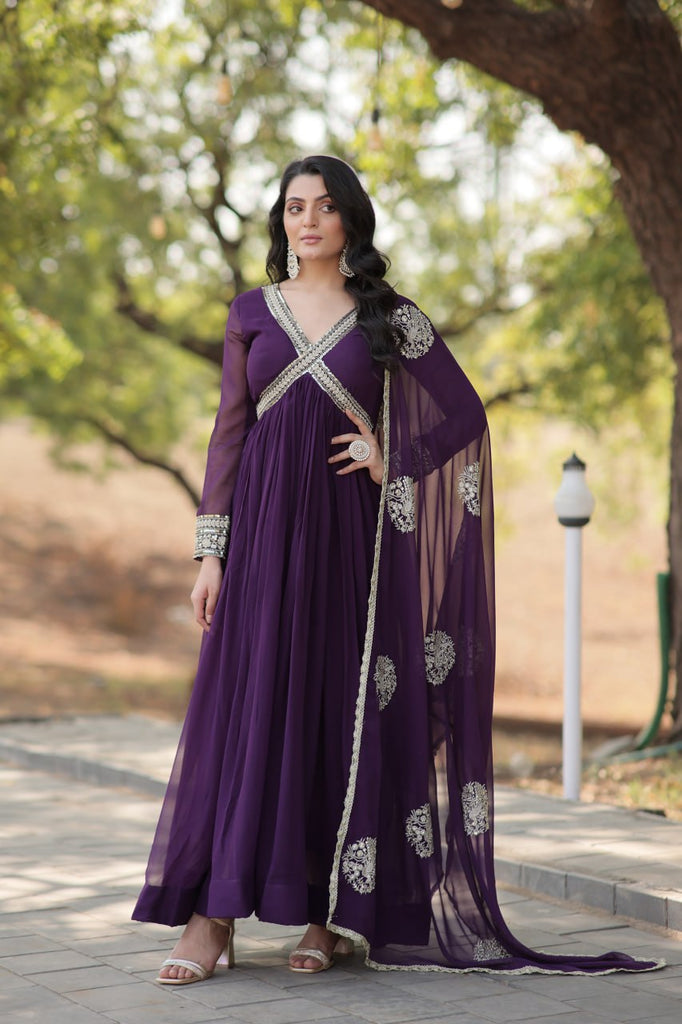 Faux Blooming Embroidered Purple Gown with Sequins & Designer Dupatta ClothsVilla