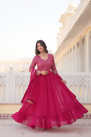 Faux Blooming Multi Sequin Embroidered Pink Gown with Luxurious Dupatta ClothsVilla
