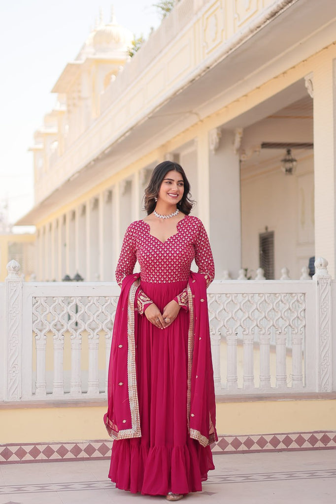 Faux Blooming Multi Sequin Embroidered Pink Gown with Luxurious Dupatta ClothsVilla