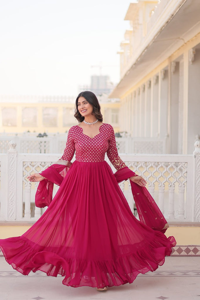 Faux Blooming Multi Sequin Embroidered Pink Gown with Luxurious Dupatta ClothsVilla