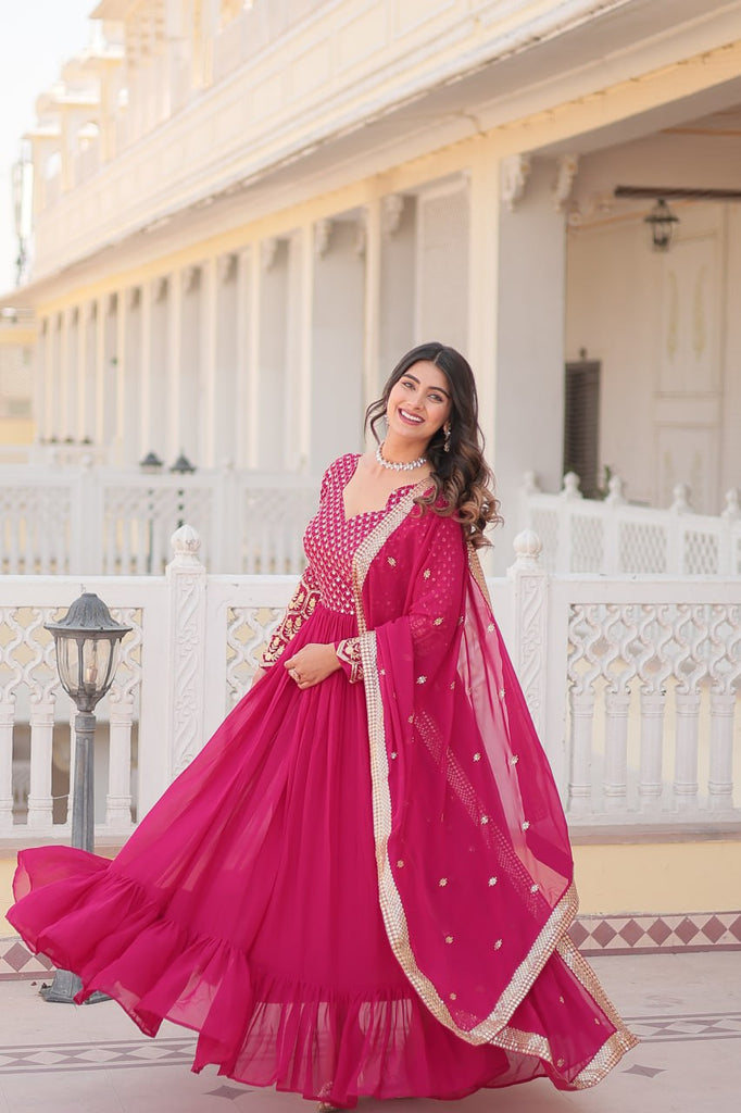 Faux Blooming Multi Sequin Embroidered Pink Gown with Luxurious Dupatta ClothsVilla