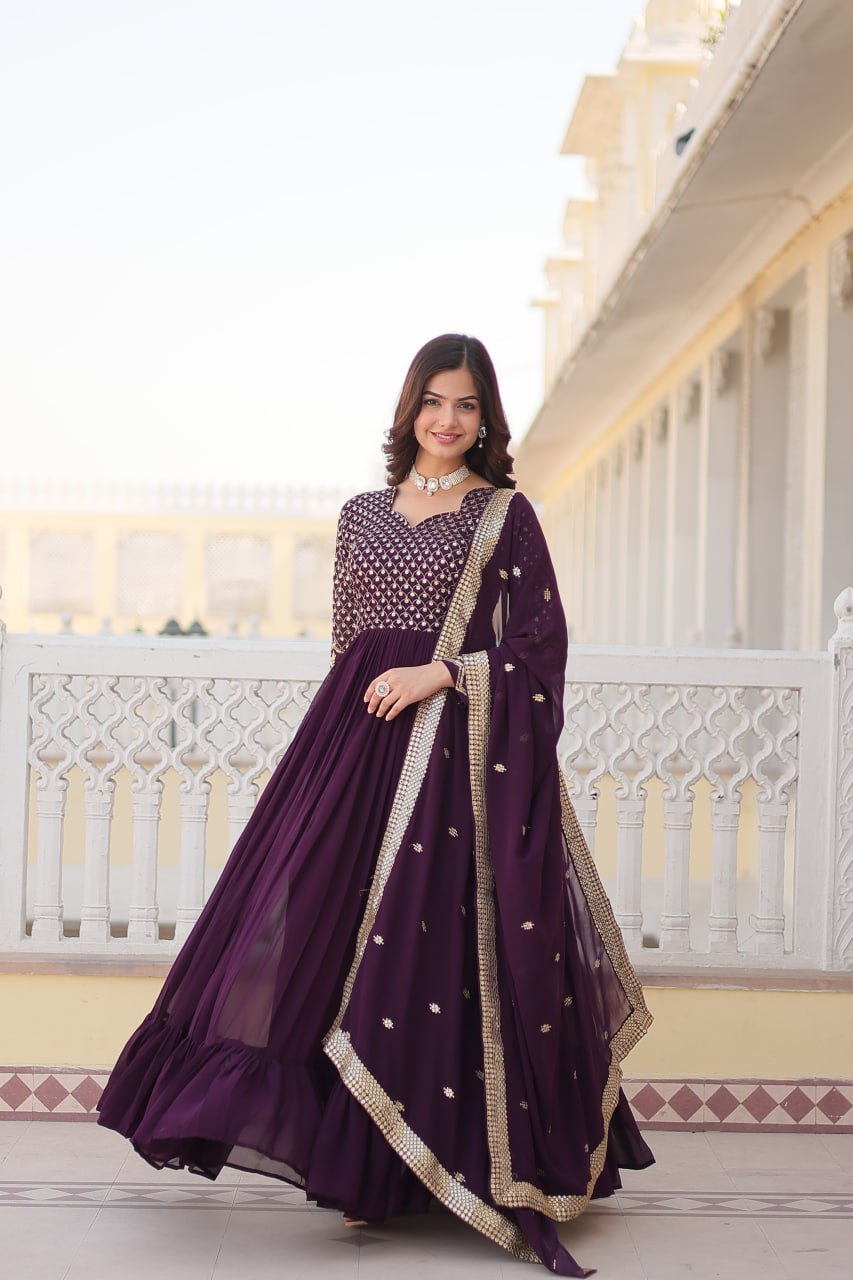 Faux Blooming Multi Sequin Embroidered Wine Gown with Luxurious Dupatta ClothsVilla